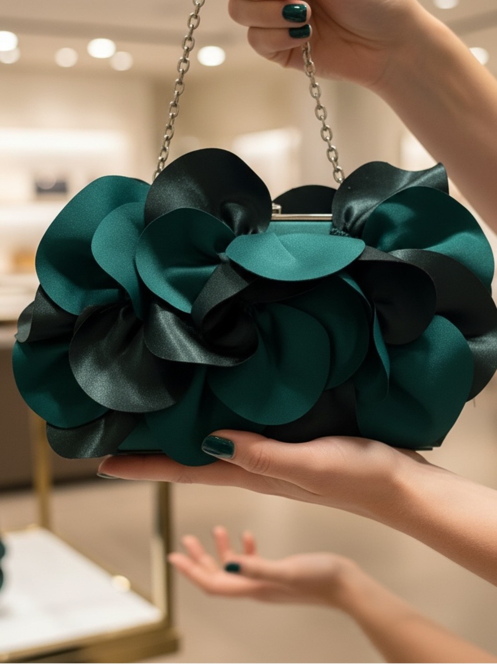 Sondra Roberts Teal and Black Floral Satin Chain Minaudière